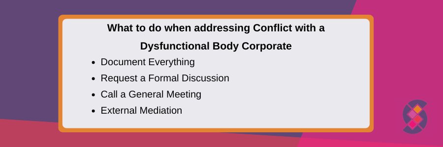 Addressing conflict with a dysfunctional body corporate 